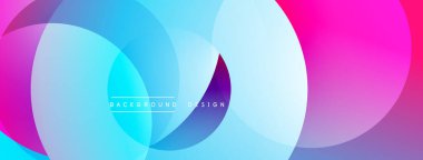 Soyut renkli çemberler örtüşüyor ve canlı gradyanlar yaratıyor. Arkaplan tasarımı mavi, pembe ve mor renklere sahiptir. Modern estetik.