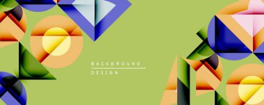 Soyut geometrik şekiller örtüşür ve canlı bir bileşim yaratır. Yumuşak eğimler, koyu renkler açık yeşil zemine hakim. Dijital projeler için modern tasarım ögesi.