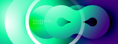 Soyut gradyan şekiller çakışıyor, dinamik görsel akış yaratıyor. Parlak renkler düzgün bir şekilde harmanlanarak modern tasarım ögesi oluşturur.