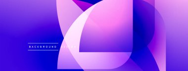 Soyut geometrik şekiller örtüşür, canlı mor gradyan arkaplan oluşturur. Modern tasarım elementleri akıcılık ve dinamizmi önerir.