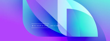 Soyut gradyanlar mor, mavi renkleri harmanlarlar. Üst üste binen şekiller dinamik görsel efekt yaratır. Metin arka plan tasarımı okur. Minimalist kompozisyon.