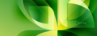 Soyut yeşil tasarım. Üst üste binen şekiller dinamik görsel efekt yaratır. Yumuşak eğimler hareketi, derinliği gösterir. Modern estetik.