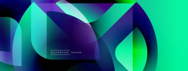 Soyut geometrik şekiller örtüşüyor, canlı renk eğimleri yaratıyor. Turkuaz, mor, mavi renkler dizaynda baskın. Modern, dinamik kompozisyon.