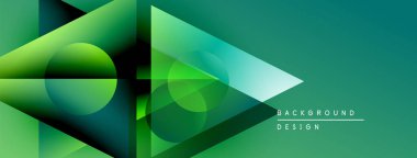 Soyut geometrik şekiller çakışıyor, dinamik yeşil gradyanlar yaratıyor. Modern tasarım teknoloji, yenilik, gelecek kavramları öneriyor.