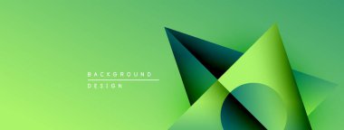 Soyut geometrik şekiller örtüşür, dinamik yeşil gradyan arkaplan oluşturur. Minimalist tasarım metin arkaplan tasarımı içerir.