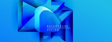 Soyut mavi şekiller dinamik arkaplan yaratır. Modern tasarım katmanlı geometri, gradyanlar, metin elementleri içerir. Parlak, canlı kompozisyon.