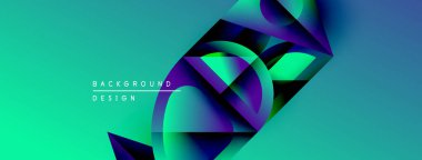 Soyut geometrik şekiller örtüşür, canlı gradyanlar yaratır. Teal arkaplanı mor, yeşil renkleri tamamlar. Modern tasarım ögesi.