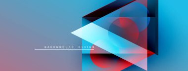 Soyut geometrik şekiller örtüşüyor, canlı mavi ve kırmızı renkler yaratıyor. Modern tasarım elementleri teknoloji ve yenilik öneriyor. Mevcut en küçük metin.