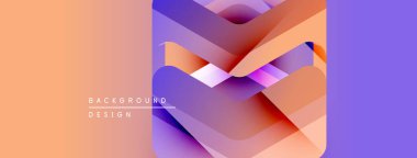 Soyut geometrik tasarım. Turuncu, mor renkler harmanlanır. Katmanlı şekilli modern arkaplan, metin elemanları mevcut. Minimalist estetik.