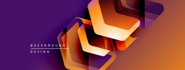 Soyut geometrik şekiller örtüşür, dinamik görsel efekt yaratır. Mor, turuncu renkler kompozisyona hakim. Modern tasarım elemanları.