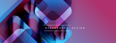 Soyut geometrik şekiller örtüşür, canlı gradyanlar yaratır. Mor, mavi renkler tasarıma egemen, modern estetik.