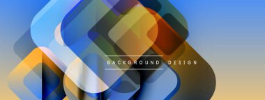 Soyut geometrik şekiller örtüşür, dinamik gradyan arkaplan oluşturur. Mavi, turuncu renkler kompozisyona hakim. Modern tasarım ögesi.