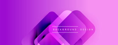 Soyut mor tasarım, üst üste binen şekiller. Modern estetik, canlı renkler, basit metin elementleri.