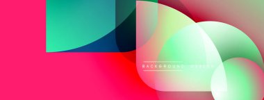 Soyut canlı tasarım, üst üste binen şekiller, gradyanlar. Pembe baskın, deniz mavisi aksanı mevcut. Modern estetik, dinamik kompozisyon.