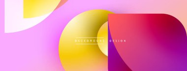 Soyut enerjik tasarım. Üst üste binen şekiller dinamik değişim etkisi yaratır. Pembe, sarı, kırmızı renkler kompozisyona hakim. Modern estetik.