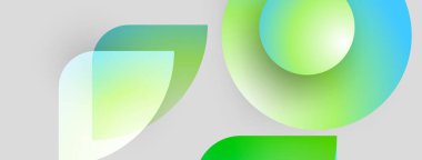 Soyut şekiller örtüşüyor, canlı yeşil, mavi gradyanlar yaratıyor. Minimalist tasarım teknolojiyi, yeniliği, gelecekteki kavramları öneriyor. Işık arkaplanı görsel etkiyi arttırır.