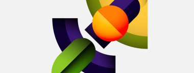 Soyut şekiller örtüşüyor, canlı renk değişimleri yaratıyor. Turuncu küre, yeşil, mor ve sarı elementlerle çevrili bileşime hükmediyor. Modern tasarım.