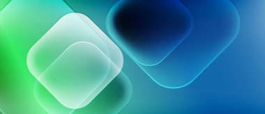 Soyut arkaplan özellikleri üst üste binen yuvarlak kareler. Yeşilden maviye geçiş yumuşak görsel efekt yaratır. Minimalist tasarım.