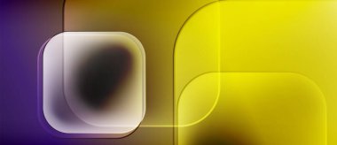 Yuvarlak dikdörtgenler, gradyanlar içeren soyut bir kompozisyon. Mor, sarı renkler tasarımda baskın. Minimalist estetik, modern his.