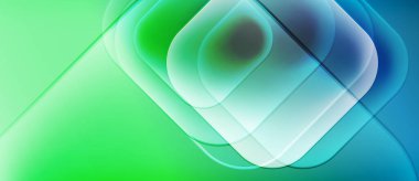 Soyut gradyanlar harmanlanarak katmanlanmış kareler oluşturur. Yumuşak maviler, yeşiller çağdaş görsel efektler yaratır. Minimalist tasarım.