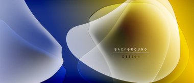 Soyut akışkan şekiller harmanlanır, dinamik sarı, mavi gradyanlar oluşturur. Metin elementli minimalist tasarım. Modern estetik.