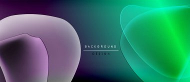 Soyut gradyanlar mor, deniz mavisi ve yeşili harmanlarlar. Üst üste binen şekiller dinamik görsel efekt yaratır. Metin elementli minimalist tasarım.