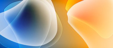 Soyut sıvı şekilleri mavi, beyaz, turuncu renkleri harmanlıyor. Yumuşak gradyanlar dinamik görsel efekt yaratır. Minimalist tasarım, modern estetik.