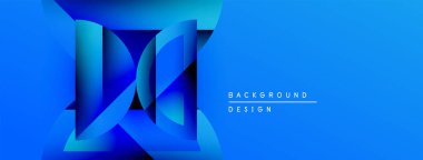 Soyut mavi tasarım katmanlı geometrik şekiller içerir. Gradyan etkisi derinlik yaratır, modern estetik. Metin arkaplan tasarımı okur.