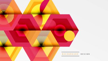 Soyut geometrik desen. Altıgenler, daireler, çizgiler renkli kompozisyon oluşturur. Arka planlar için modern tasarım ögesi.