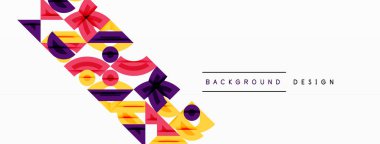 Soyut geometrik şekiller örtüşür, canlı bir arka plan tasarımı yaratır. Renkler arasında mor, sarı, kahverengi, kestane rengi vardır. Minimalist stil.