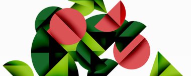 Soyut geometrik bileşim. Kırmızı daireler, yeşil üçgenler, dikdörtgenler üst üste binerek dinamik görsel efekt yaratır. Minimalist stil, düz tasarım.