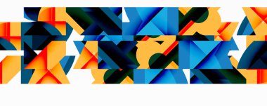 Soyut geometrik şekiller, canlı renkler, dinamik bileşim. Dikdörtgenler, üçgenler modern görsel desen oluşturur.