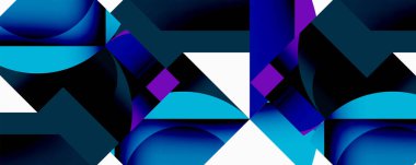 Soyut geometrik bileşim. Mavi, mor, beyaz şekiller birbirine kenetlenir ve dinamik görsel desen oluşturur. Modern tasarım elemanları.