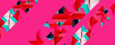 Soyut geometrik şekiller, canlı pembe arkaplan. Kırmızı, turkuaz, beyaz elementler dinamik desen oluşturur. Modern tasarım.