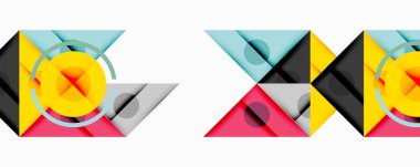 Soyut geometrik desenler tekrarlanıyor. Şekiller örtüşüyor, renkli kompozisyonlar oluşturuyor. Modern tasarım daireleri, üçgenleri, kareleri kullanır.