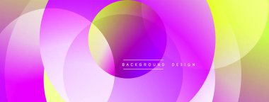 Soyut enerji çemberleri çakışıyor, akışkan gradyanlar yaratıyor. Mor, pembe, sarı renkler tasarımda baskın. Modern arkaplan dokusu.