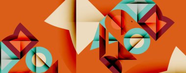 Soyut geometrik bileşim. Şekiller örtüşüyor, dinamik görsel ilgi yaratıyor. Ilık turuncu, arka planda baskın, yeşil, bej, kestane tonları ile vurgulanıyor. Modern tasarım.