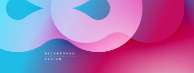 Soyut sıvı şekilleri canlı mavileri, pembeleri, morları harmanlıyor. Gradyan arkaplan modern tasarım unsuru yaratır. Yumuşak kıvrımlar hareketi gösterir.