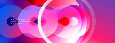 Soyut, enerjik çemberler çakışıyor. Renkler, maviler, pembeler, kırmızılar dinamik görsel efektler yaratır. Modern tasarım ögesi.