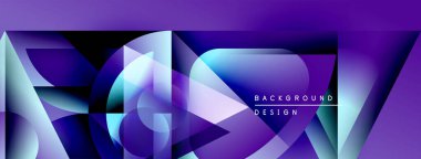 Soyut geometrik şekiller, canlı mor renkler, modern tasarım elementleri. Arkaplanda dinamik çizgiler, gradyanlar, metin örtüsü.