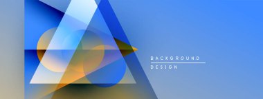 Soyut geometrik şekiller örtüşerek canlı mavi gradyan arkaplan oluşturur. Modern tasarım elementleri teknoloji ve yenilik öneriyor.