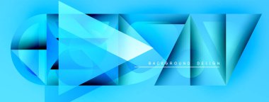 Soyut mavi geometrik şekiller dinamik bileşim yaratır. Modern tasarım elementleri teknoloji, yenilik ve enerji öneriyor. Parlak gradyanlar görsel etkiyi artırır.