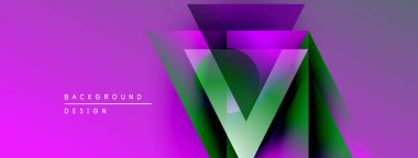 Soyut geometrik tasarım canlı mor, yeşil renkler içerir. Üst üste binen üçgenler dinamik görsel efekt yaratır. Modern arkaplan dokusu.