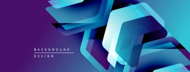 Soyut geometrik şekiller örtüşüyor, canlı mor ve mavi renkler yaratıyor. Modern tasarım elementleri teknoloji ve yenilik öneriyor.