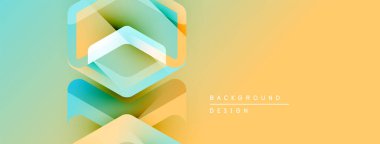 Soyut geometrik şekiller örtüşür, katmanlı etki yaratır. Renkler karışık turkuaz, sarı, turuncu. Arka planlar için modern tasarım ögesi.