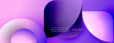 Soyut arkaplan özellikleri üst üste binen şekiller, gradyanlar. Mor, pembe renkler kompozisyona hakim. Minimalist tasarım, modern estetik.