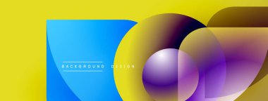 Soyut geometrik şekiller örtüşüyor, canlı renk eğimleri yaratıyor. Sarı, mavi, mor renkler tasarımda baskın. Modern estetik.