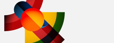 Soyut geometrik şekiller örtüşür, canlı renk kombinasyonları yaratır. Kırmızı, sarı, yeşil, mavi renkler kompozisyona hakim. Modern tasarım.