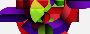 Soyut kompozisyon. Canlı renkler karışıyor, dinamik şekiller yaratıyor. Geometrik formlar çakışıyor, hareket, enerji, derinlik öneriyor. Modern tasarım.