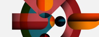 Üst üste binen renkli şekiller içeren soyut bir kompozisyon. Daireler, dikdörtgenler dinamik görsel etkileşim yaratır. Modern tasarım, canlı renkler egemen..